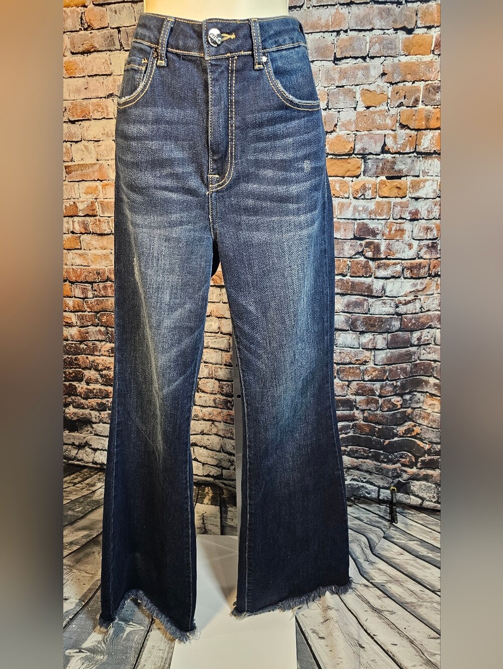 Risen Jeans Size 27 High Rise Flare Jeans Dark Wash Raw Hem Stretch Denim